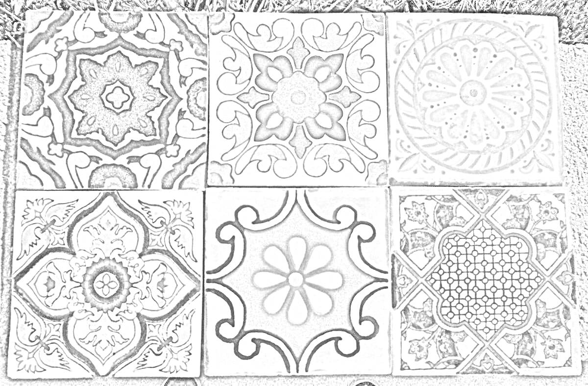 Раскраска Керамическая плитка ручной работы с шестью разными орнаментами, включающими цветочные и геометрические узоры.