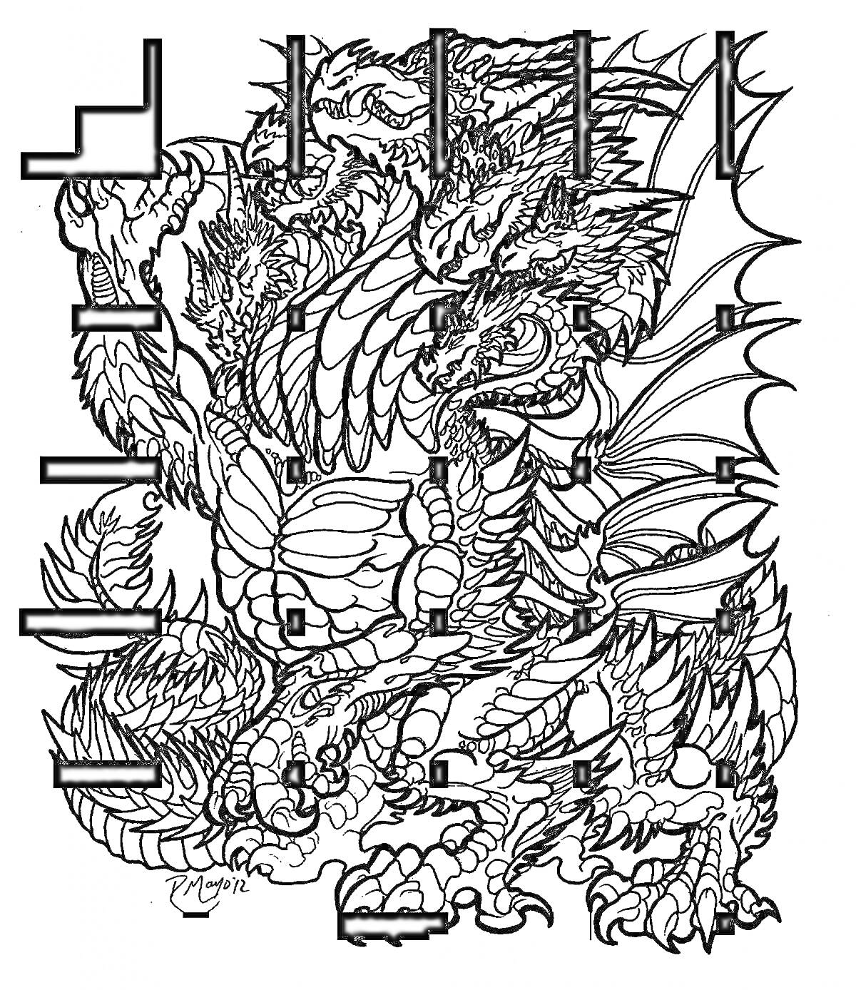 Раскраска Антистресс раскраска с изображением дракона, элементы рисунка включают детализированные чешуйки, крылья, когти и грива.