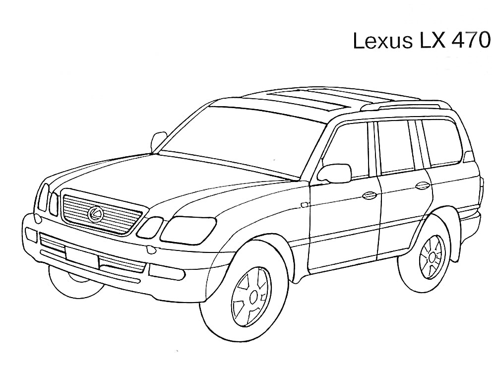 Лексус LX 470, контур изображения автомобиля с фронтальным видом, колёса, окна, двери, решетка радиатора, фары, зеркало заднего вида