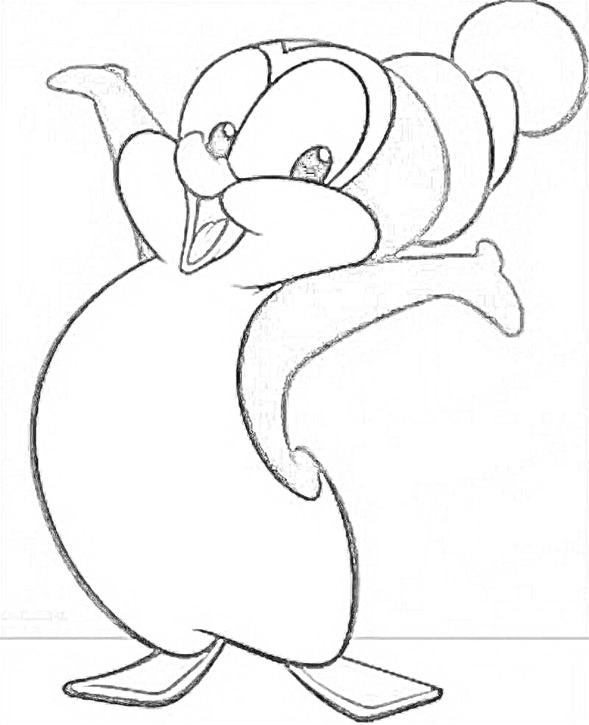 Раскраска Пингвин с поднятыми вверх руками в шапке