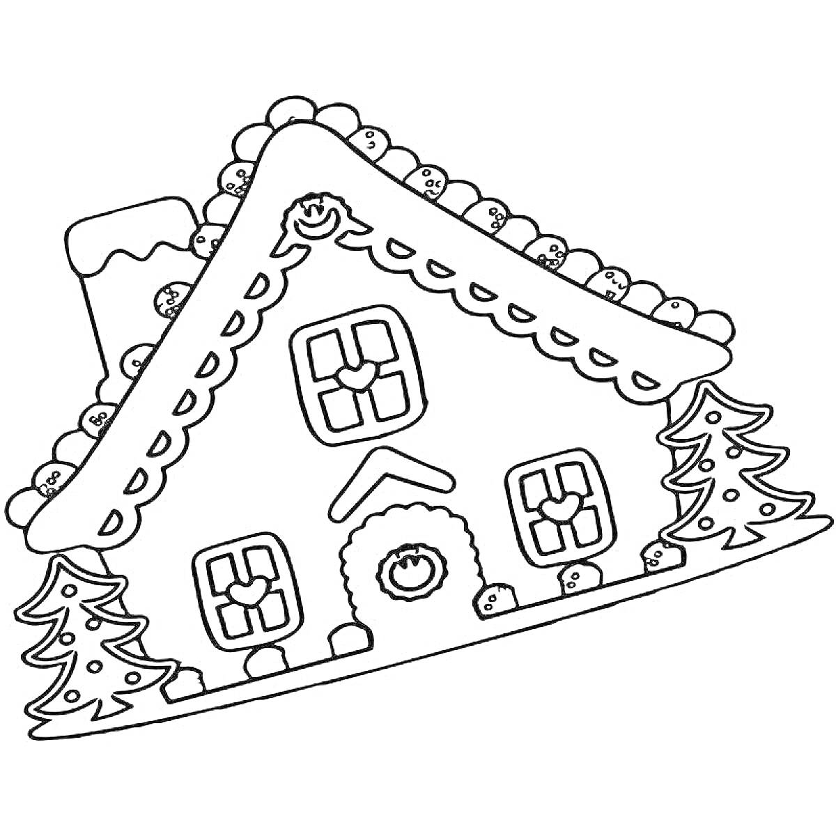 Раскраска Пряничный домик с елками и окнами