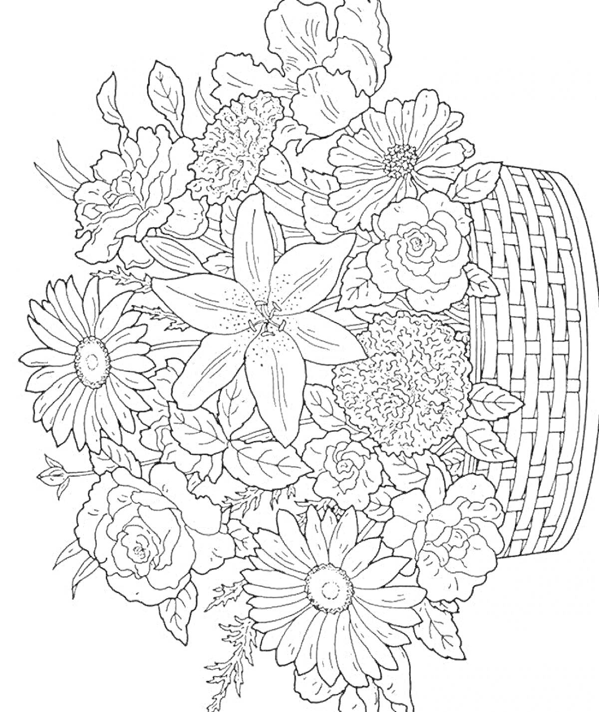 Раскраска Букет крупных цветов в плетеной корзинке, включая ромашки, розы, маргаритки и лилии