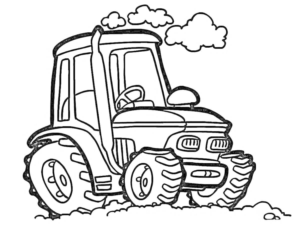 На раскраске изображено: Трактор, Облака, Для детей, Сельскохозяйственная техника, Авто