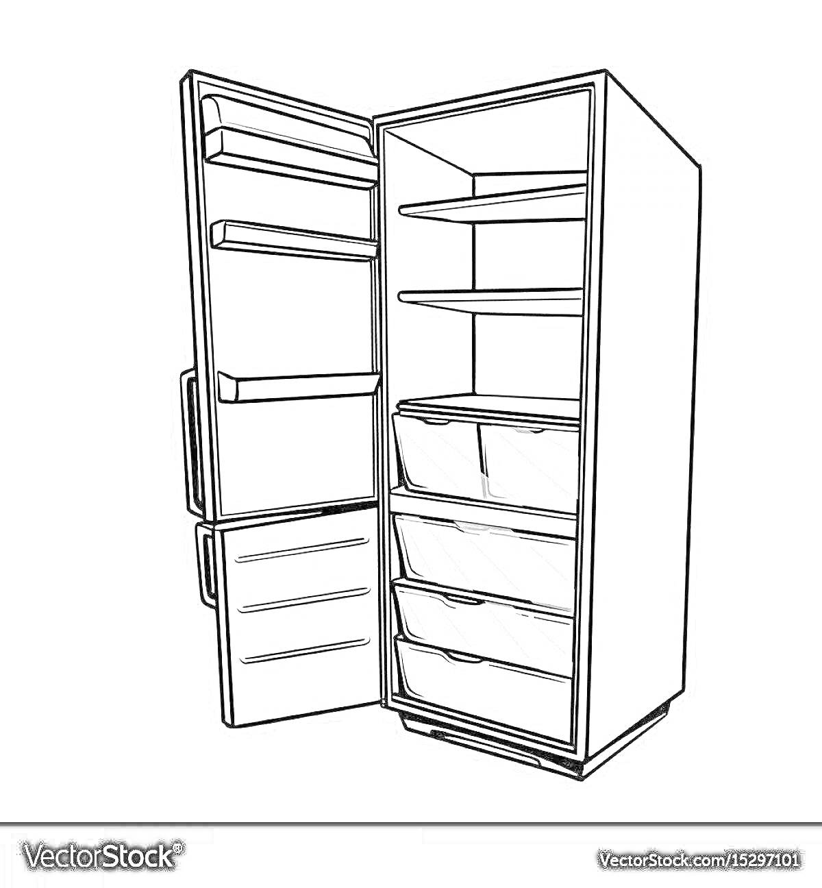 Раскраска Открытый холодильник с пустыми полками и ящиками на сером фоне