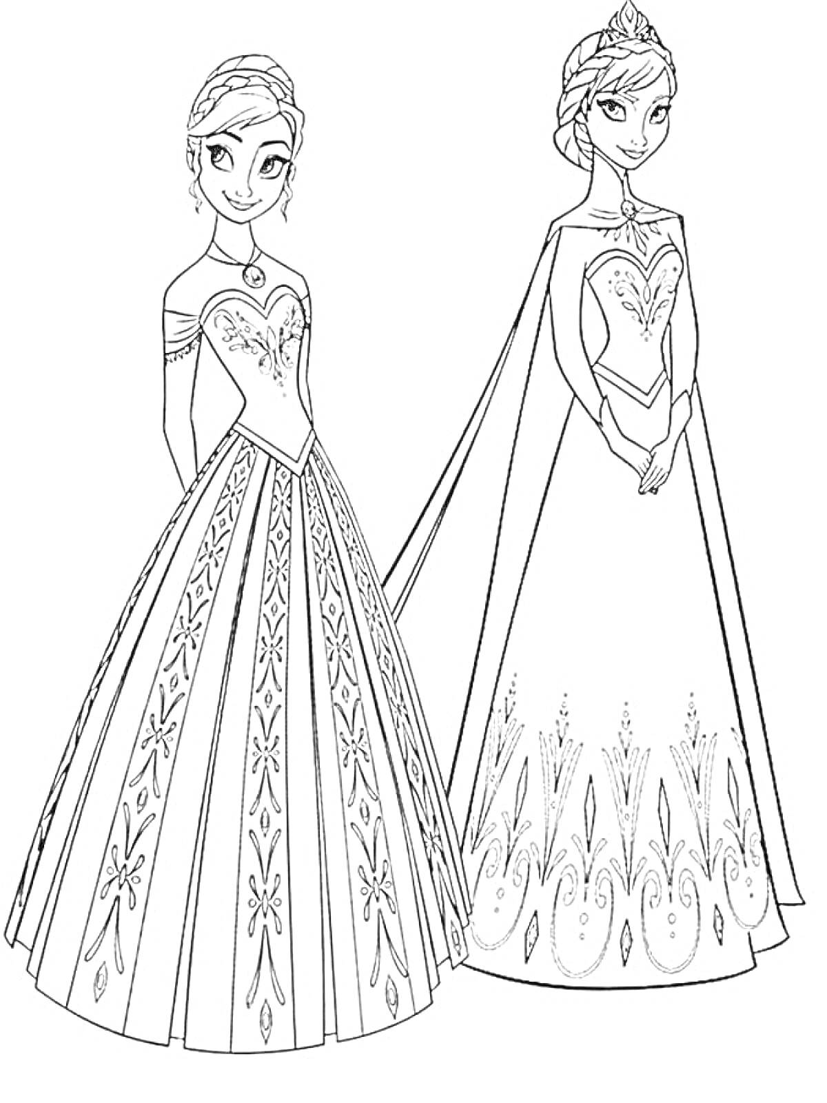 Раскраска Две принцессы в длинных платьях с узорами