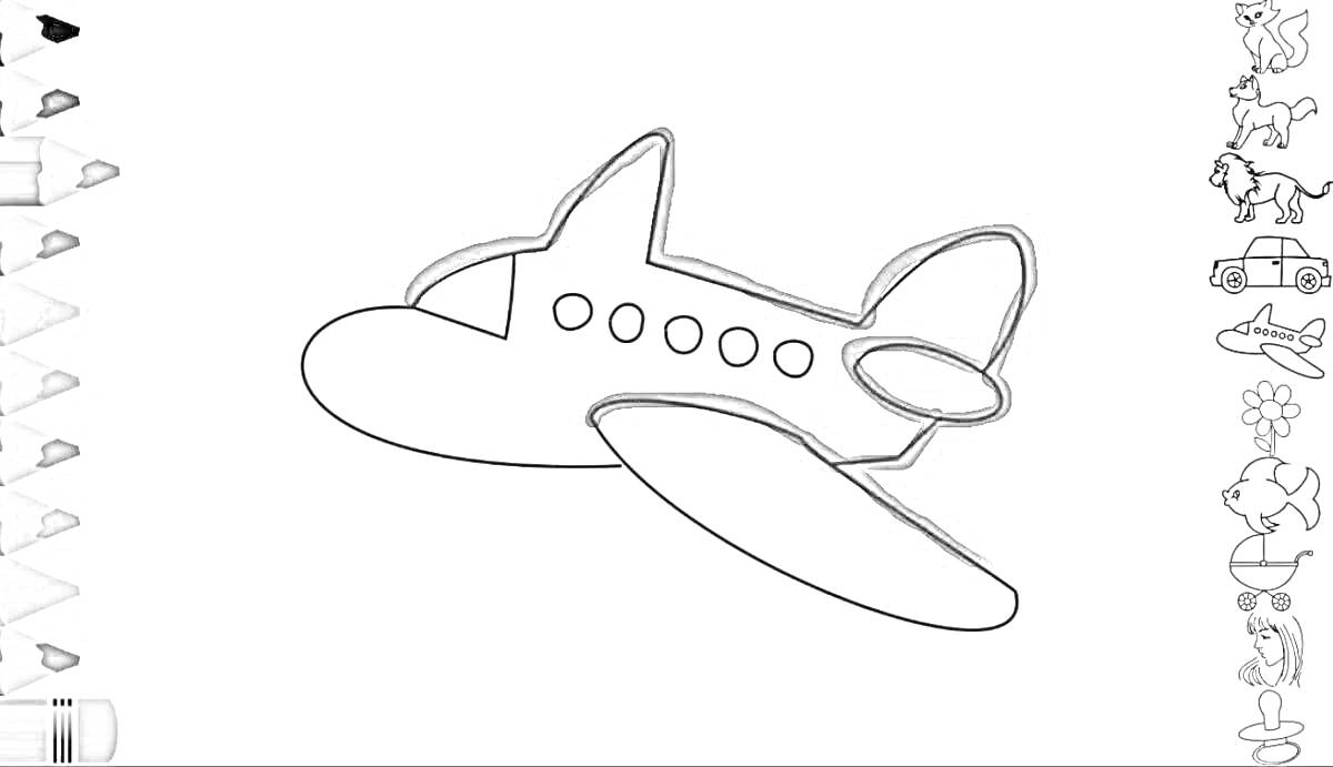 Раскраска Самолет с карандашами и значками животных, автомобиля и цветов на боковой панели