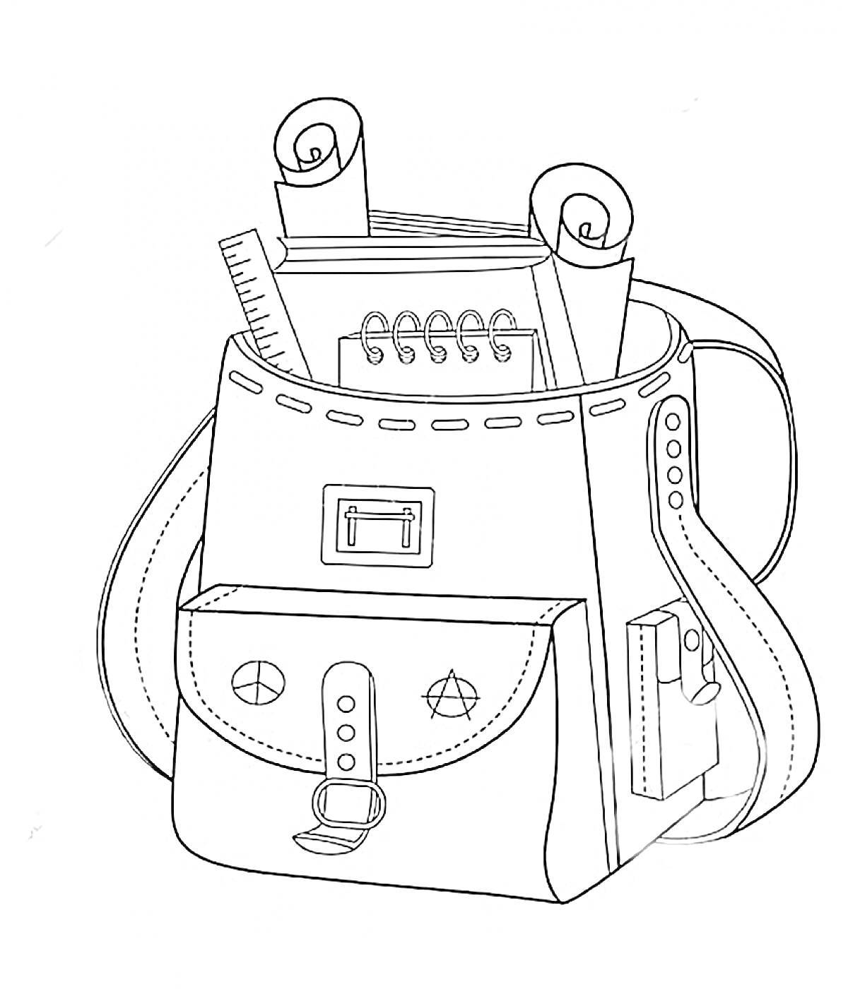 Рюкзак с блокнотом, линейкой и свёрнутыми листами бумаги