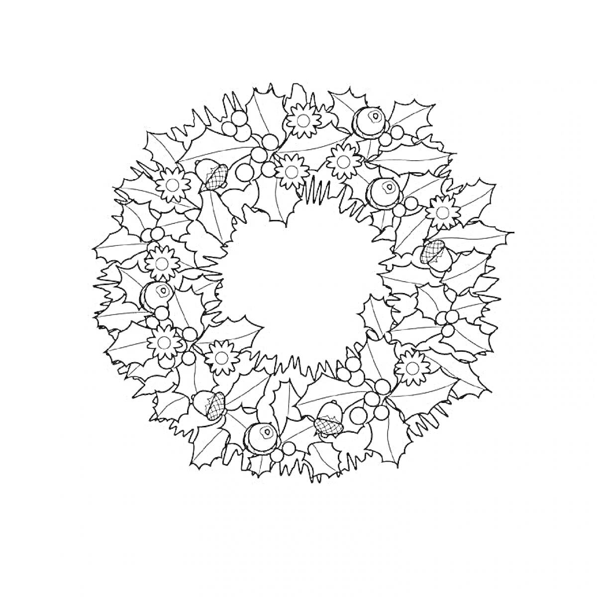 На раскраске изображено: Венок, Листья остролиста, Ягоды, Цветы, Зима, Новый год, Рождество