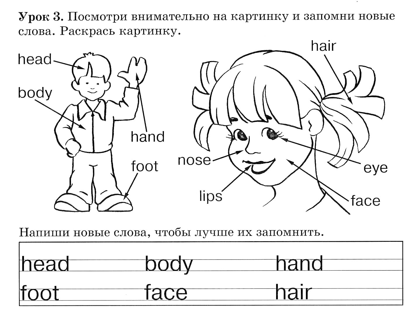 На раскраске изображено: Части тела, Английский для детей, Учебные материалы, Голова, Рука, Лицо, Волосы, Нос, Губы