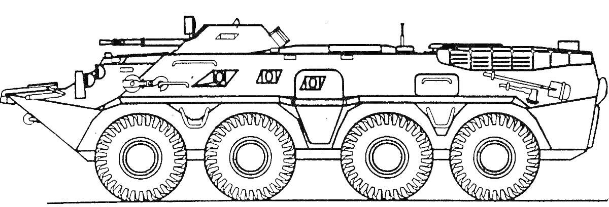 На раскраске изображено: Бронетранспортер, Военная техника, Военная машина, БТР, Броня, Пулемет, Колёса, Оружие, Транспорт