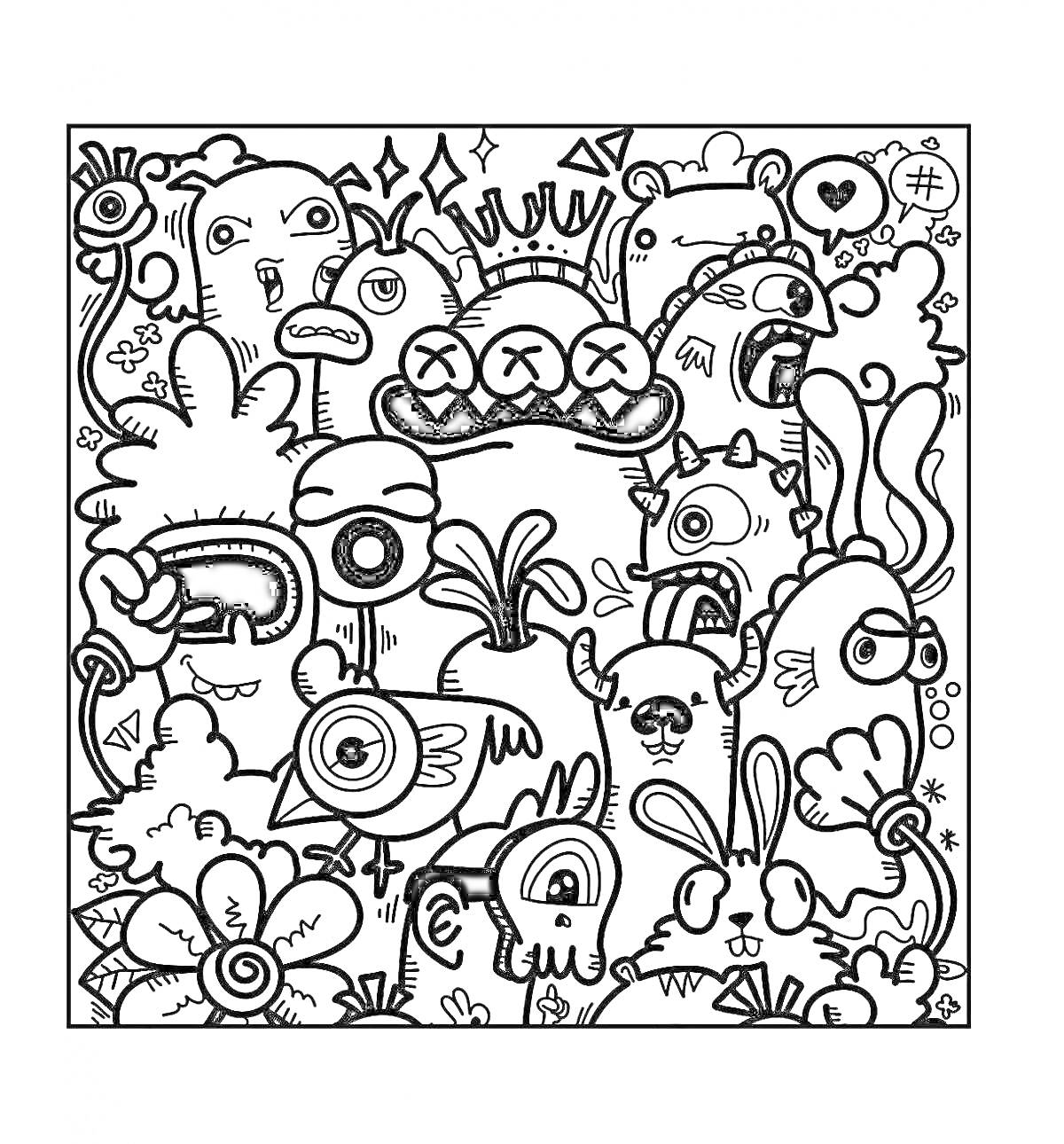 На раскраске изображено: Мультяшные животные, Забавные лица, Цветы, Корона, Стрелки, Сердца