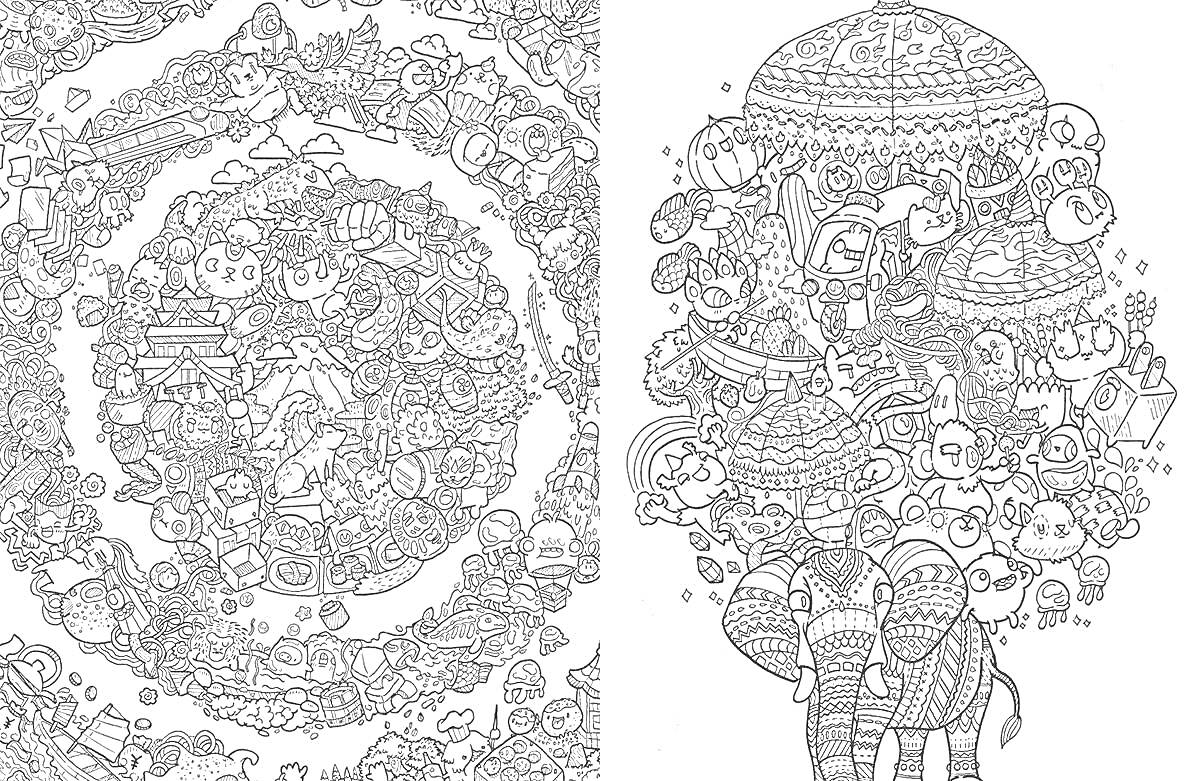 Две дудл-картинки. Первая - круговой узор с множеством мелких элементов, включая животных, растения, горы, здания и лица. Вторая - украшенный слон с множеством элементов вокруг, таких как цветы, лампы, облака, музыкальные инструменты и лица.