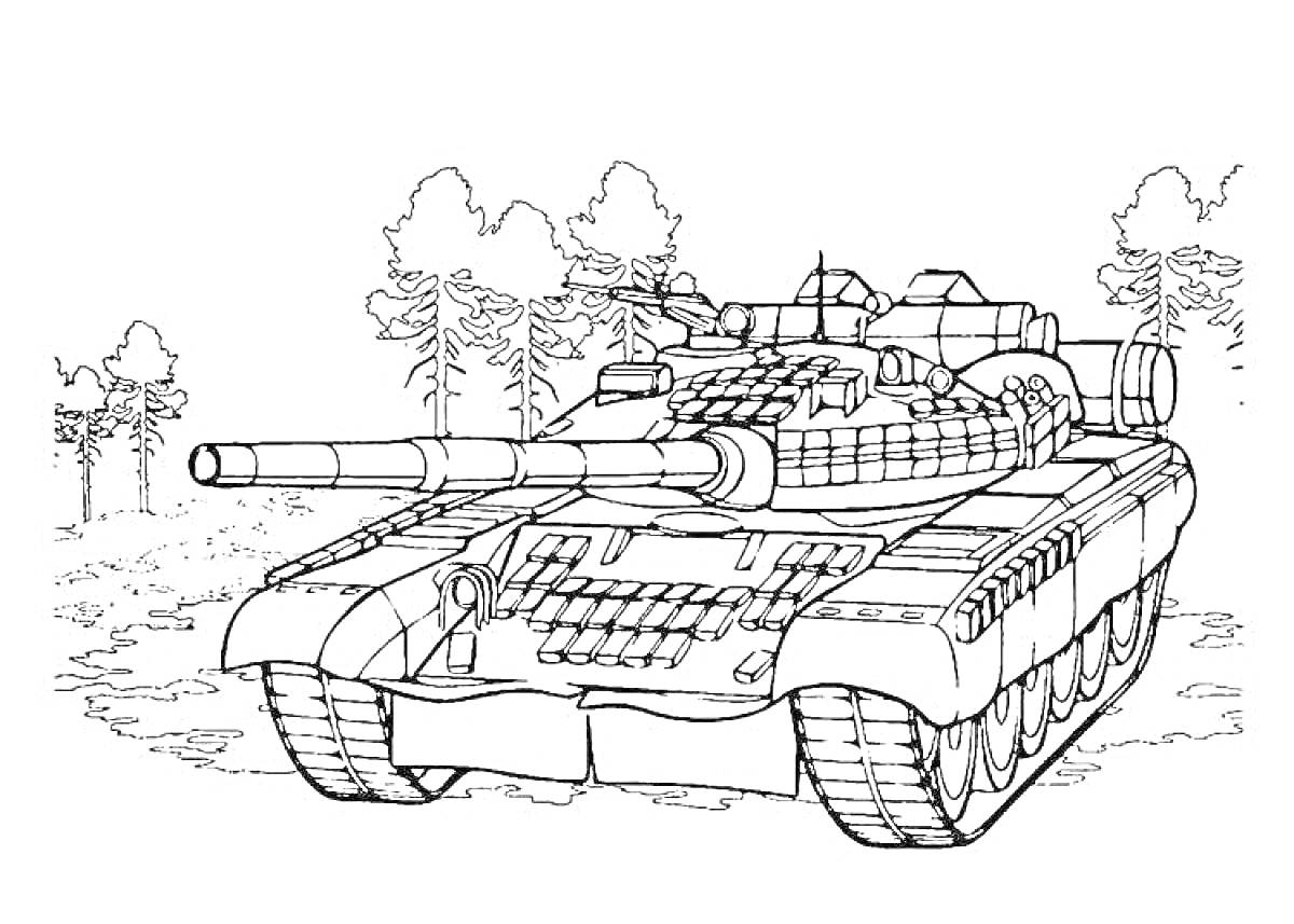 На раскраске изображено: Танк, Лес, Деревья, Военная техника, Природа, Бронированная машина, Гусеницы