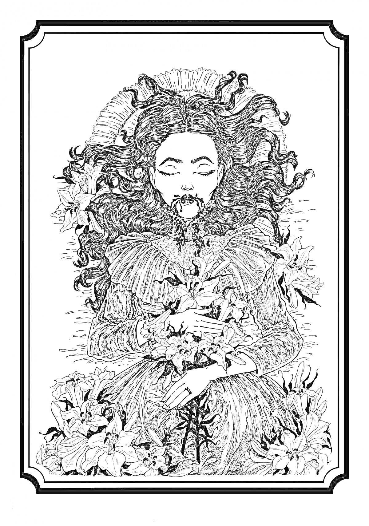 Раскраска Женщина в траурном одеянии, лежащая в окружении лилий