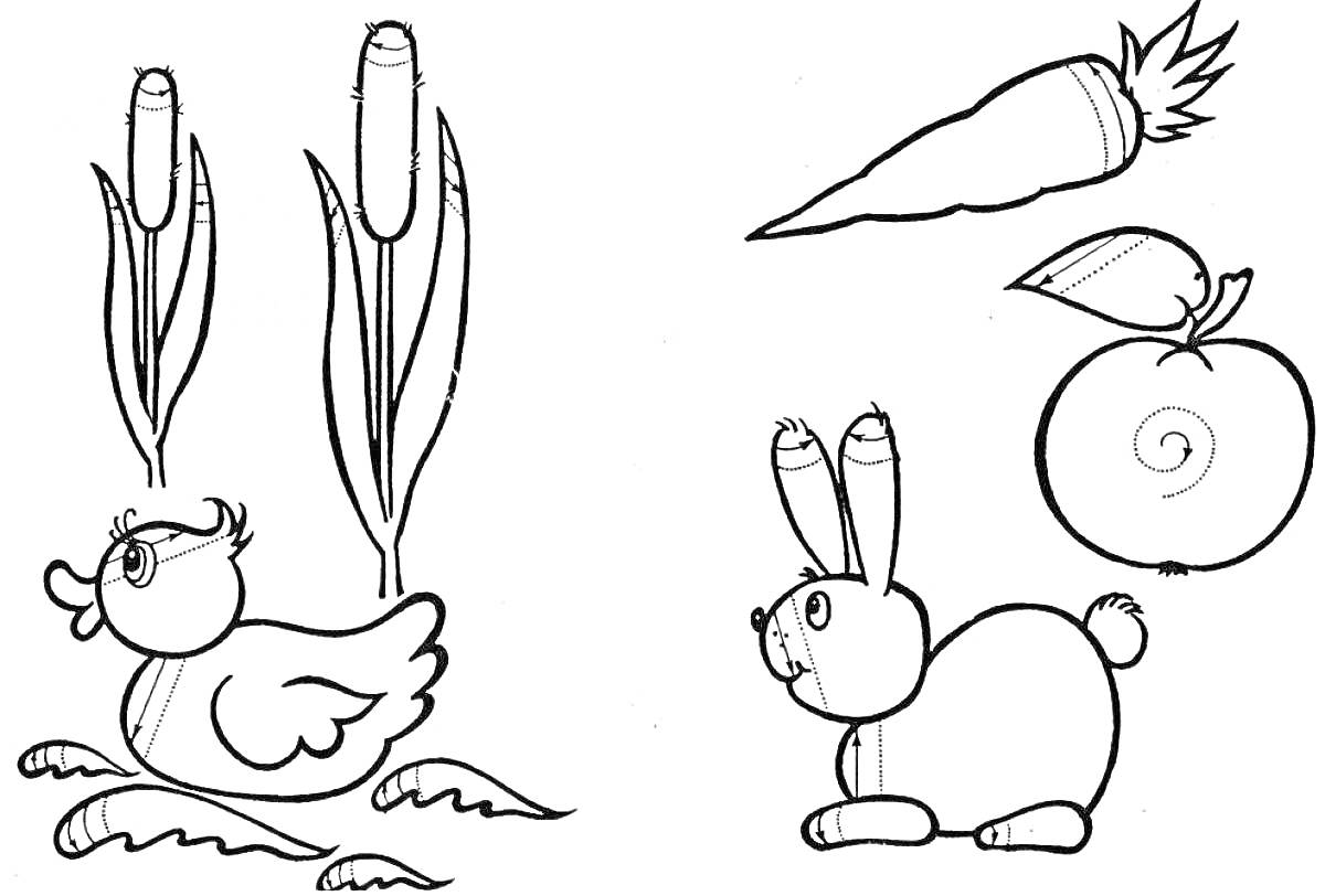 На раскраске изображено: Утка, Кролик, Растения, Морковь, Яблоко, Штриховка, Для детей, Камыши