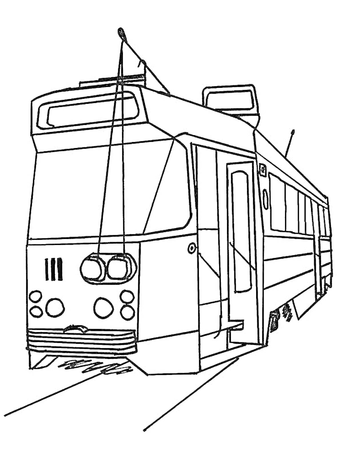 На раскраске изображено: Трамвай, Транспорт, Окна, Рельсы, Железная дорога, Городской транспорт, Линии, Дверь