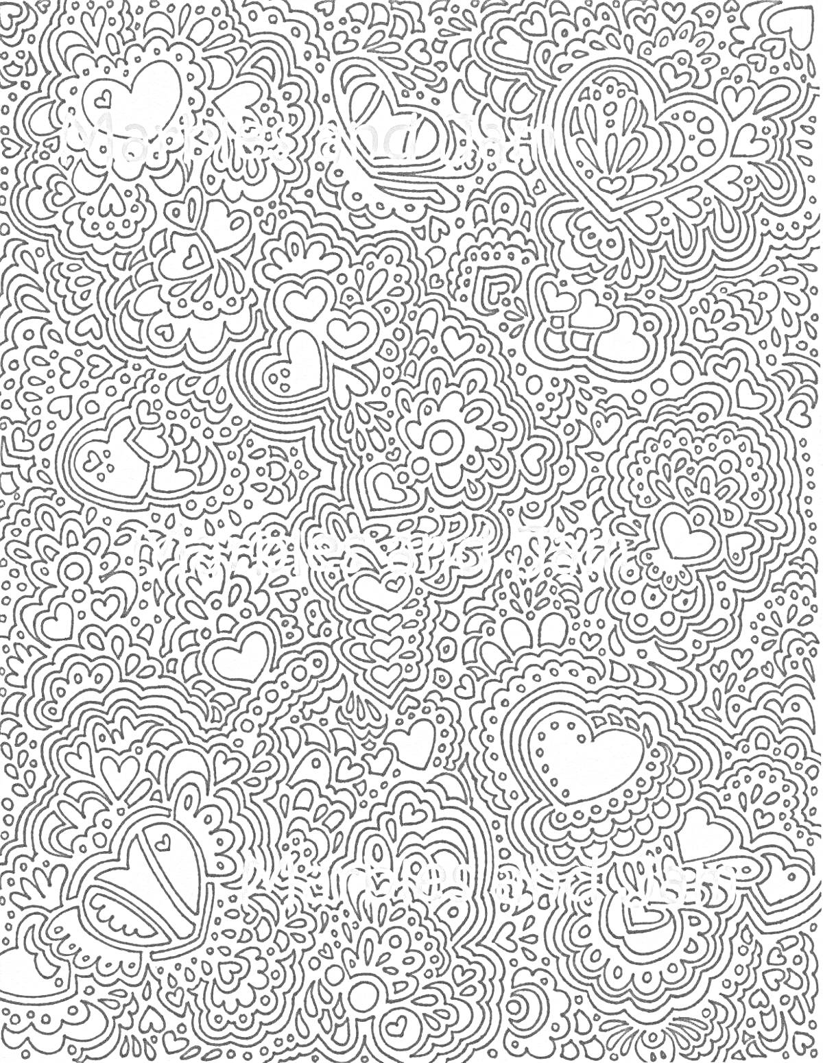 На раскраске изображено: Абстракция, Сердца, Завитки, Точки