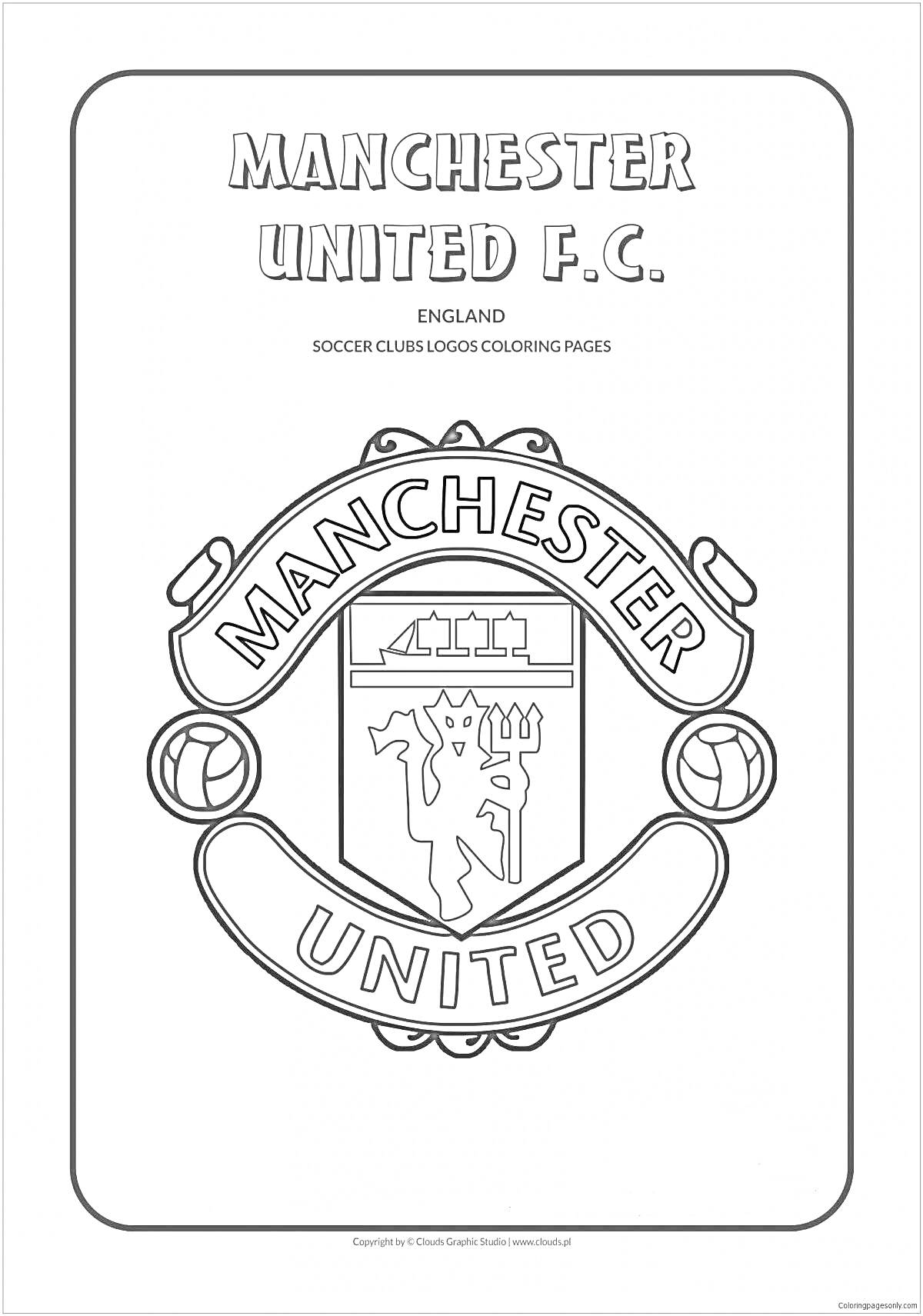 Раскраска Логотип футбольного клуба Манчестер Юнайтед с текстом 