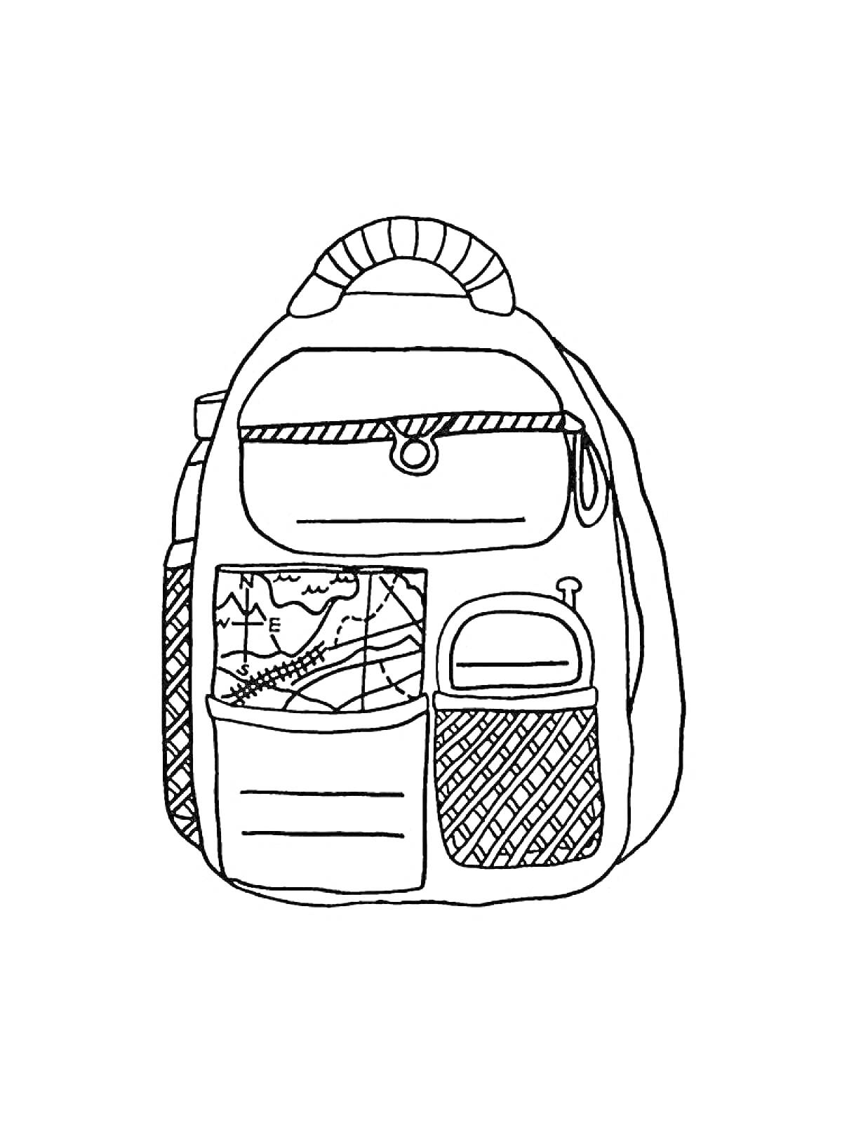 Раскраска Рюкзак с клапаном, ручкой, тремя внешними карманами и рисунком самолета