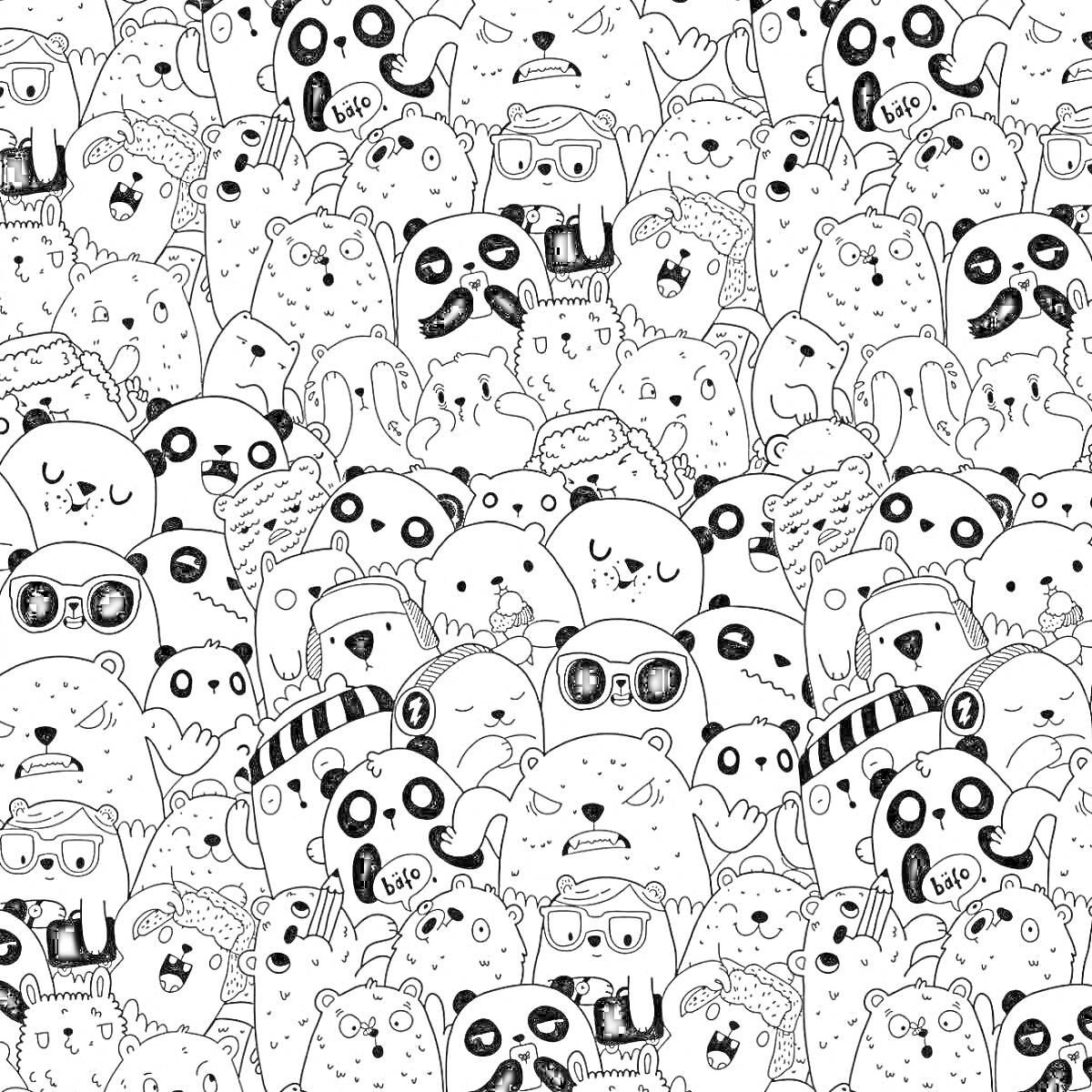 Раскраска Разнообразные панды с аксессуарами, некоторые с банданами, очками, в шляпах, держащими сердце, с милыми выражениями лиц