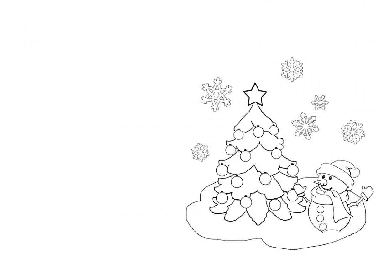 На раскраске изображено: Новогодняя елка, Украшения, Игрушки, Шапка, Шарф, Снежинки, Зима, Новый год