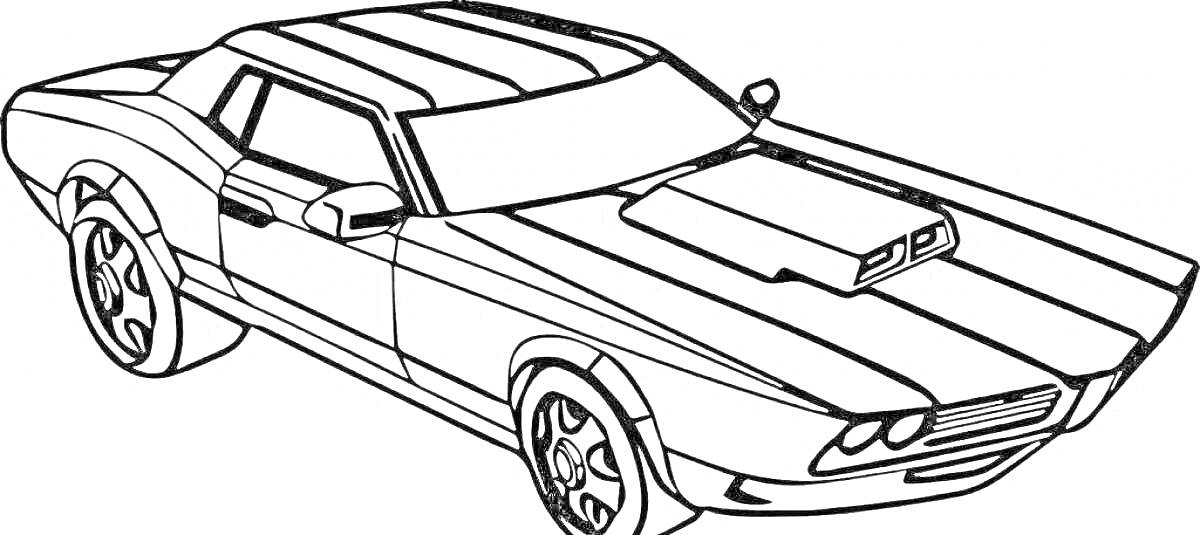 Раскраска Гоночная машина с выступающим двигателем, спортивными дисками и полосами на кузове