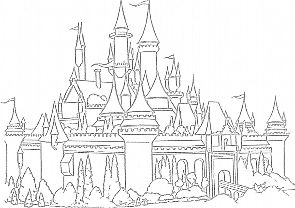 Раскраска Замок с множеством башен, флагами и воротами, окружённый кустами и деревьями