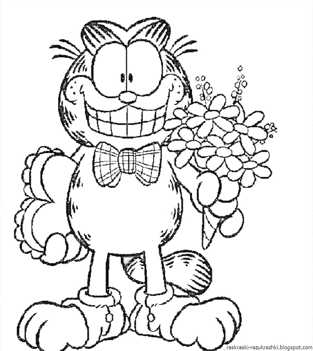 Раскраска Кот с бантом, держащий букет цветов