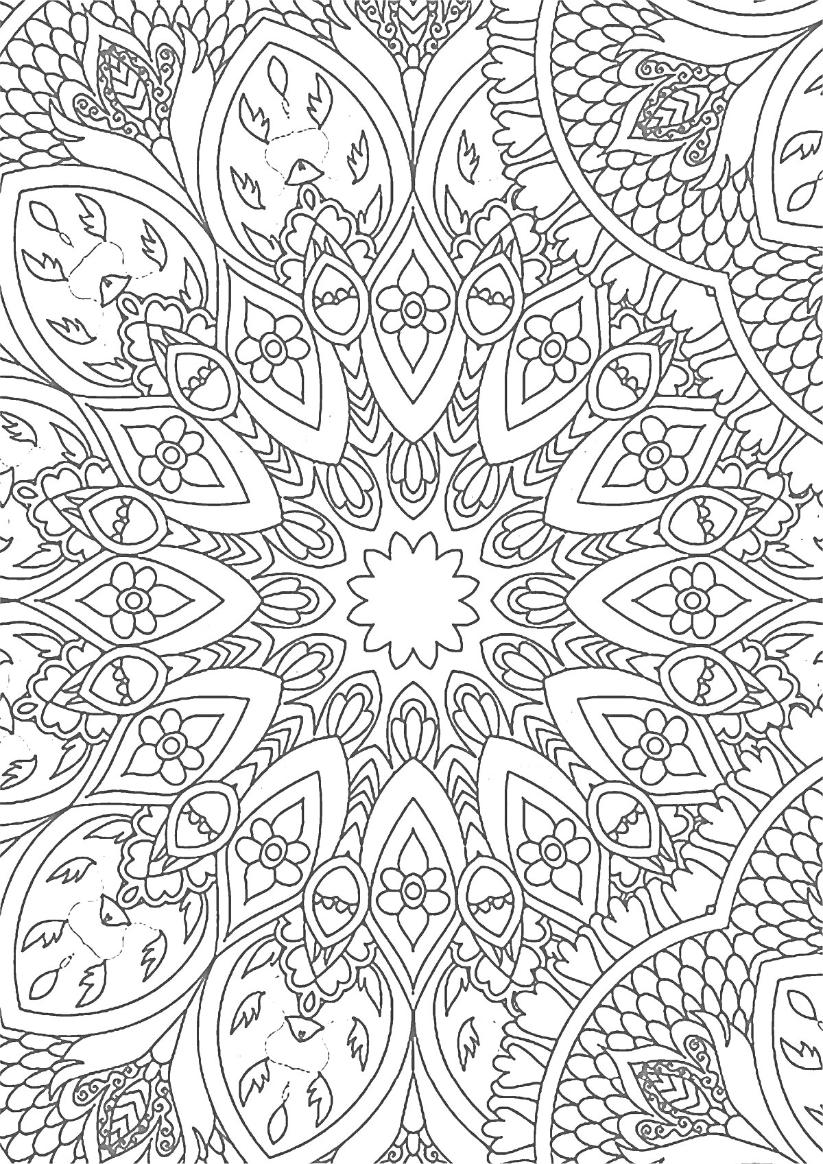 Раскраска Мандала с цветочными орнаментами и узорами