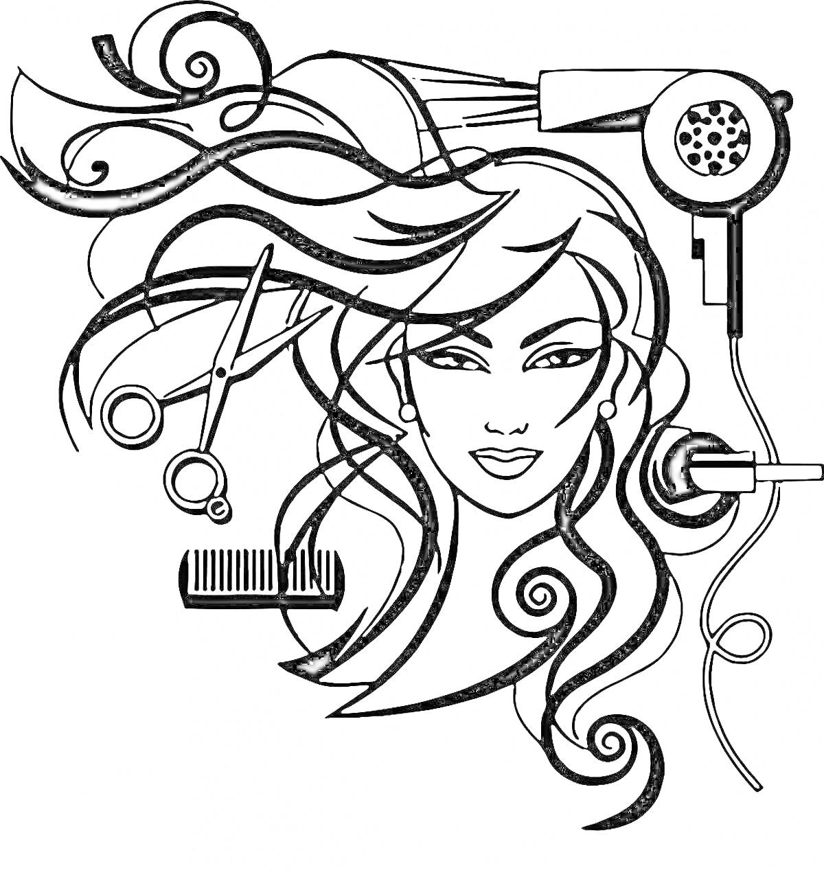 Раскраска Женское лицо с длинными волосами, фен, ножницы, гребень