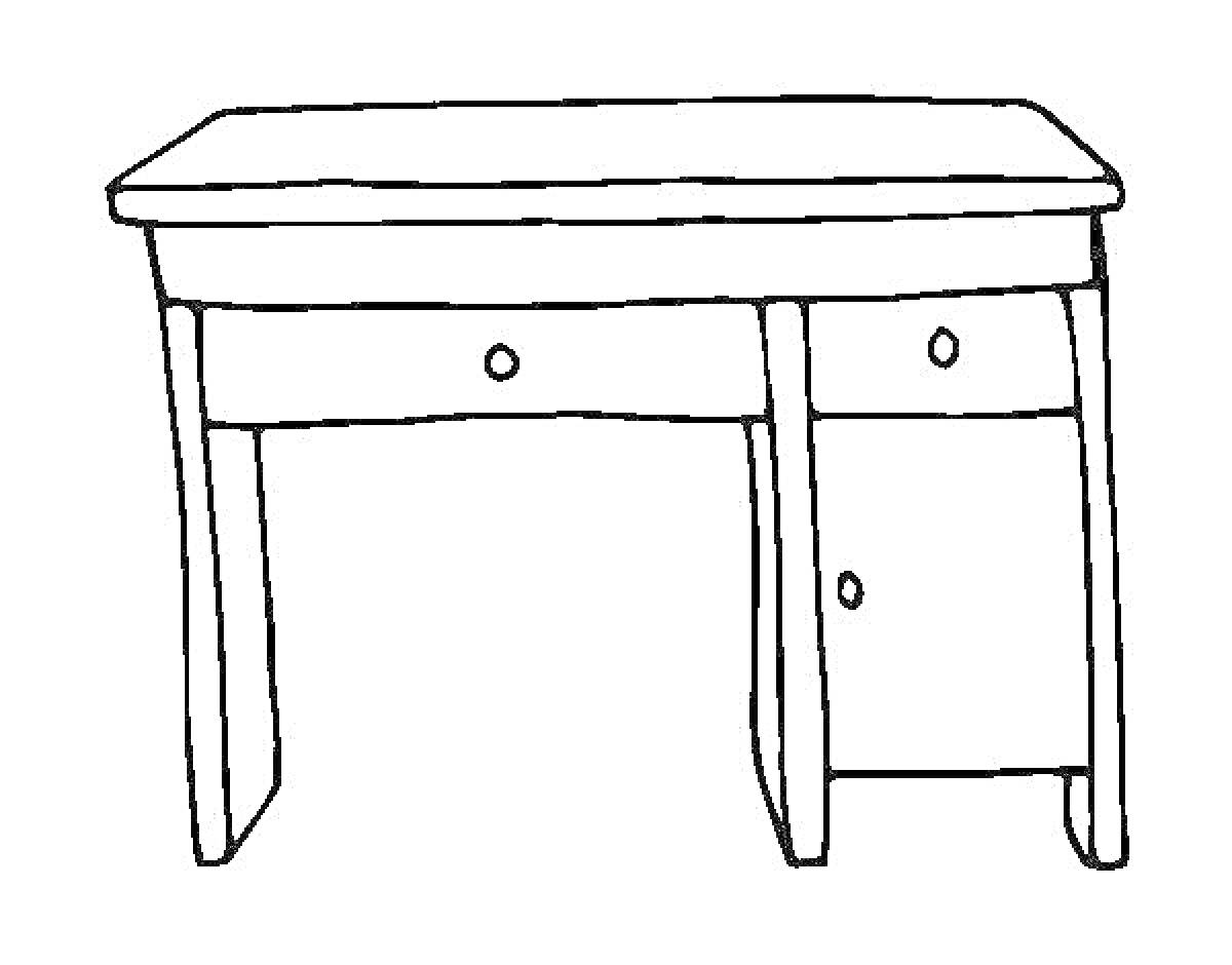 На раскраске изображено: Письменный стол, Ящики, Мебель