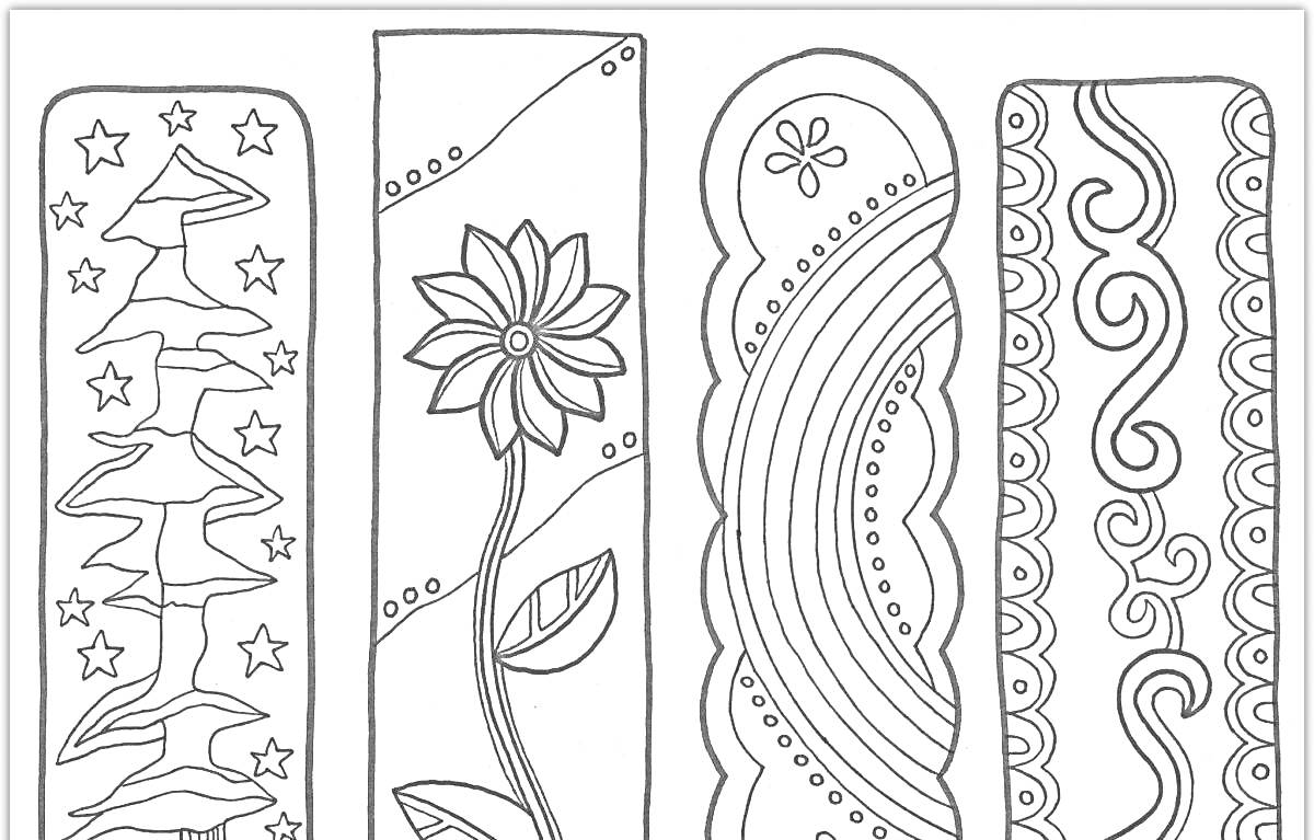На раскраске изображено: Закладки, Елки, Звезды, Листья, Волнистые линии, Узоры, Цветы, Радуги