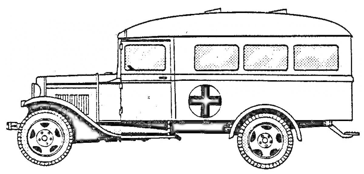 Грузовой автомобиль ГАЗ-АА с медицинским кузовом и красным крестом на борту
