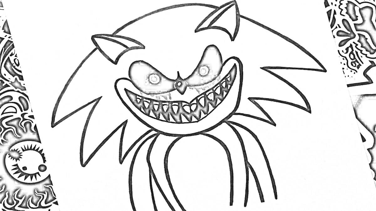 Sonic Exe с острыми зубами и темными глазами, злобная ухмылка, уши, иглы на голове