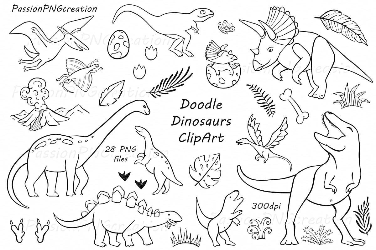 На раскраске изображено: Растения, Яйца, Кости, Детские, Трицератопс, Стегозавр, Брахиозавр, Детеныш динозавра, Папоротник, Камни, Следы