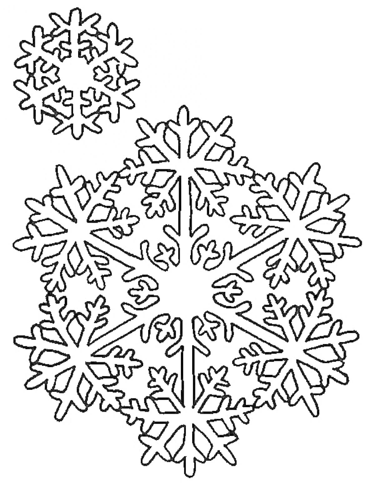 Раскраска Две снежинки шаблоны, одна большая и одна маленькая