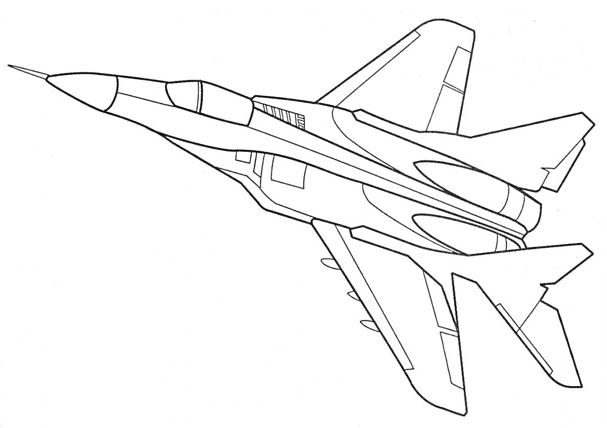 Раскраска Самолет-истребитель с узнаваемыми деталями фюзеляжа и крыла
