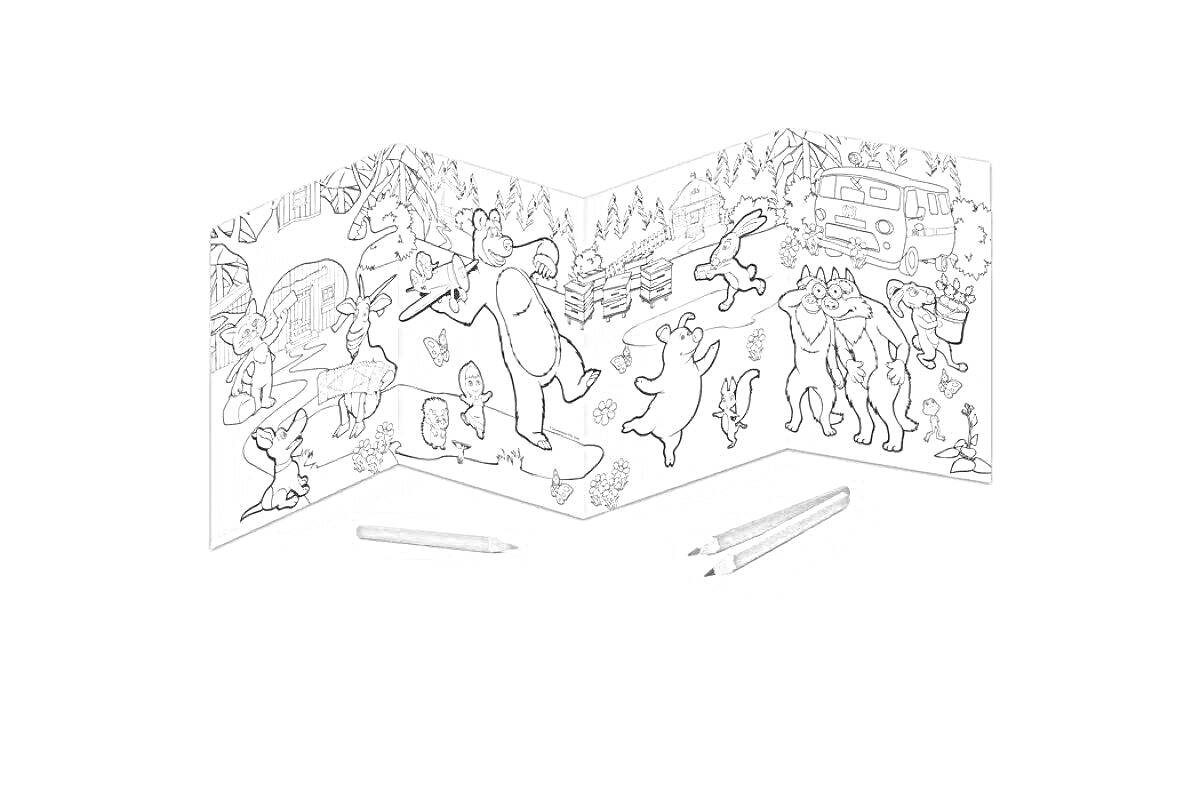 Раскраска Животные в лесу, танцующие медведи, деревья, лесные домики, играющие персонажи