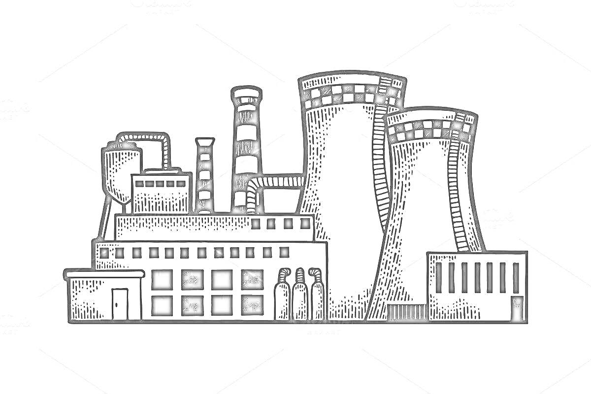 Раскраска завод с дымовыми трубами, холодильными башнями и административным зданием