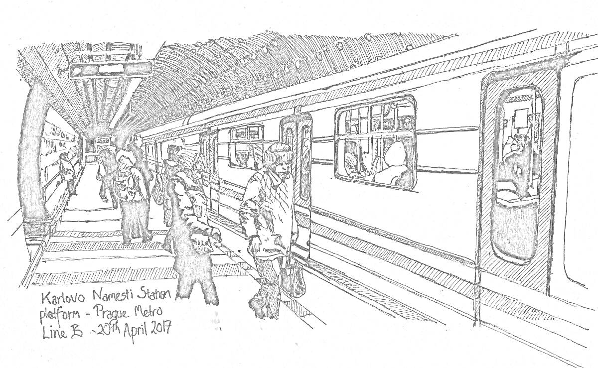 На раскраске изображено: Поезд, Пассажиры, Ожидание, Транспорт, Городской транспорт, Подземка