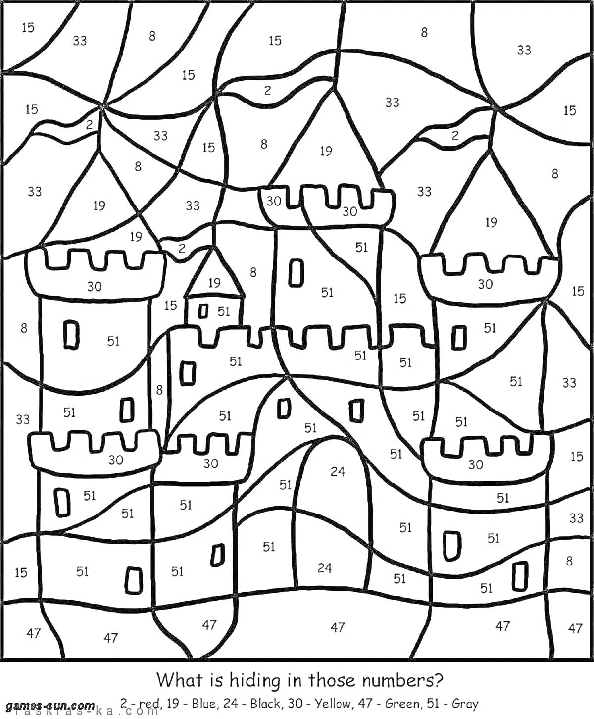 На раскраске изображено: Замок, Холмы, Башни, Для детей, Арка, Стена, Цифры
