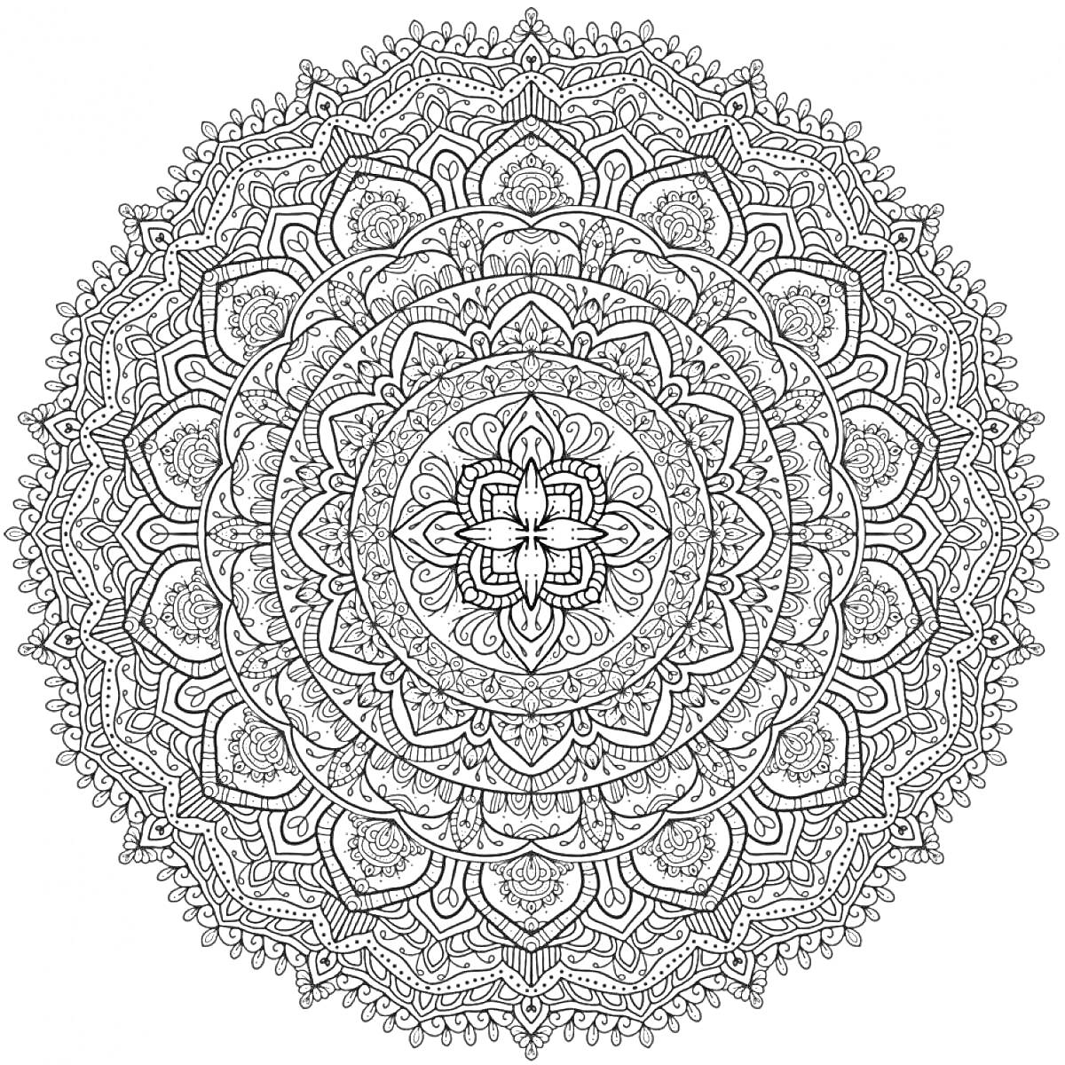 Раскраска Мандала с цветочными и геометрическими элементами