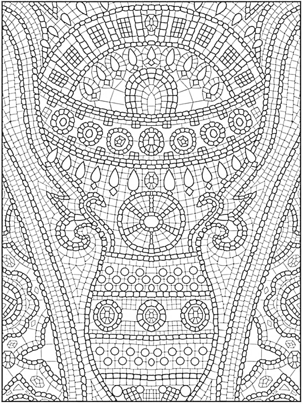 Раскраска Мозаика с разнообразными геометрическими узорами, включая полукруги, окружности, дуги и квадратные элементы