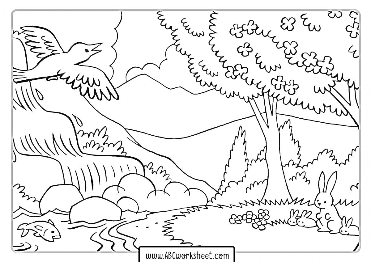 Раскраска Пейзаж с птицей, рыбами, водопадом, деревьями, горами и кроликом