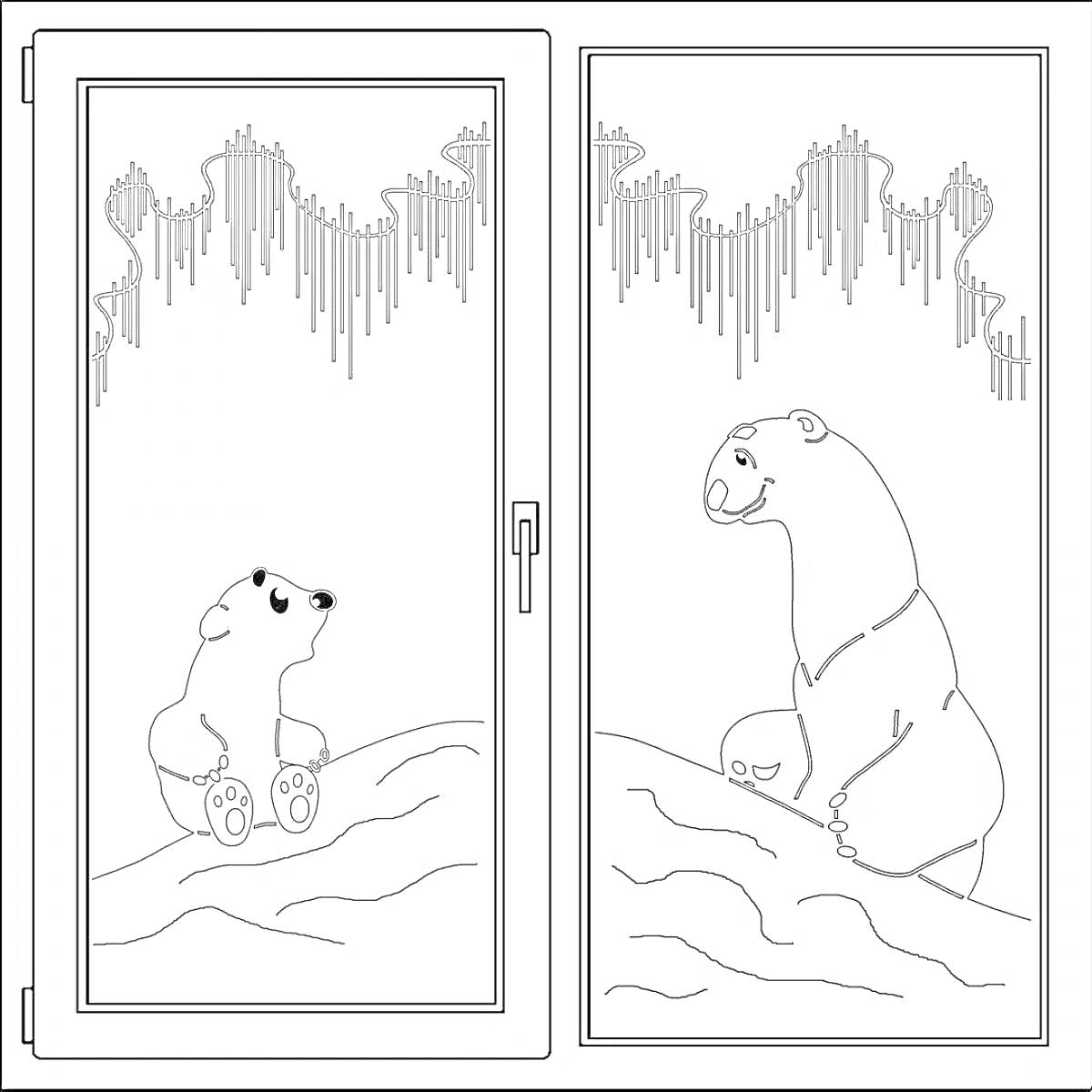 На раскраске изображено: Умка, Северное сияние, Снег, Арктика, Детское творчество, Медведь