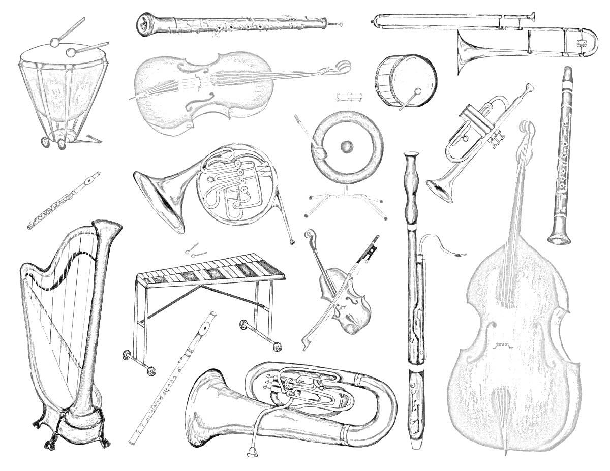 На раскраске изображено: Оркестр, Музыка, Скрипка, Валторна, Труба, Блокфлейта, Кларнет, Виолончель, Арфа, Ксилофон, Контрабас, Флейта, Тарелка, Гобой, Туба, Инструмент, Рожки, Треугольники