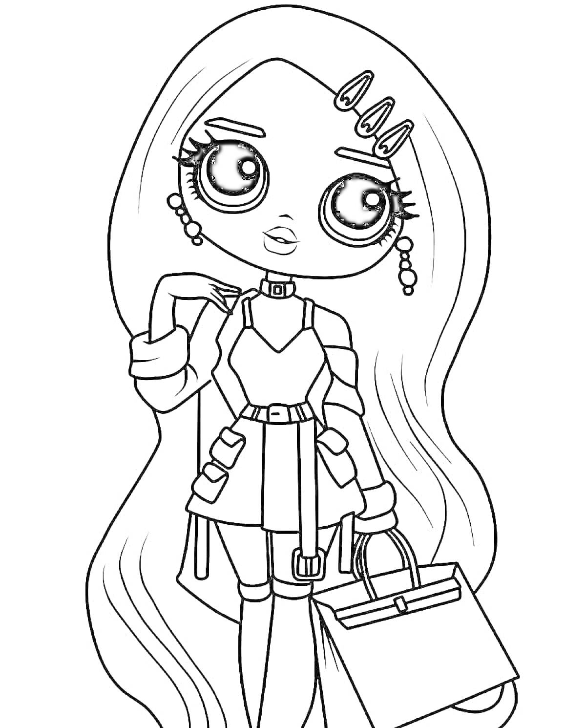 Раскраска Большая кукла LOL с длинными волосами, серьгами, заколками, платьем с рюшами, ремнем и сумкой.