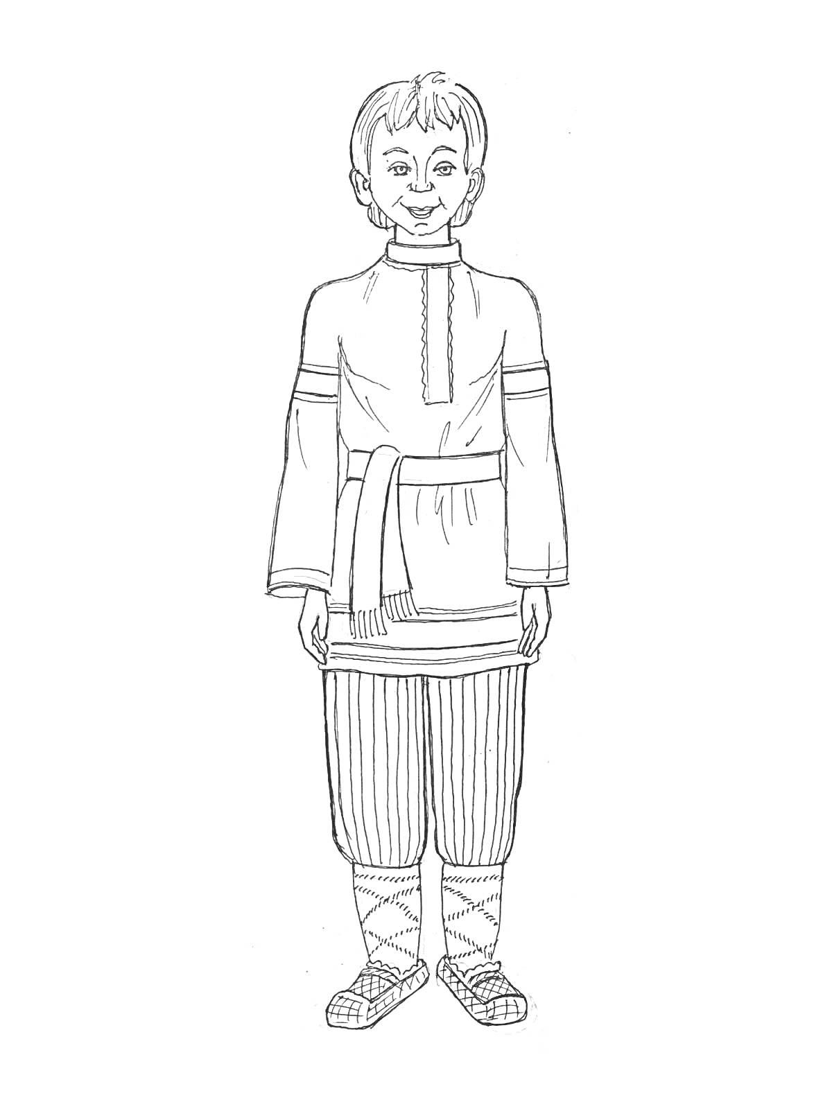 Мальчик в русском народном костюме с рубахой, поясом, штанами и лаптями