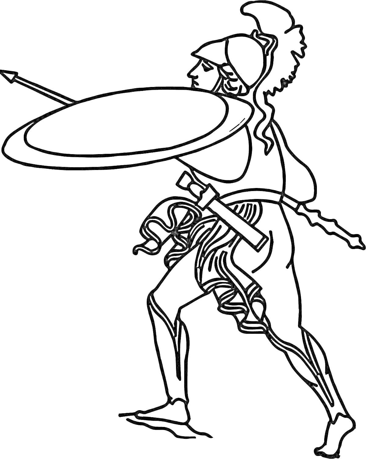 Раскраска Гладиатор с копьем и щитом в боевой позе