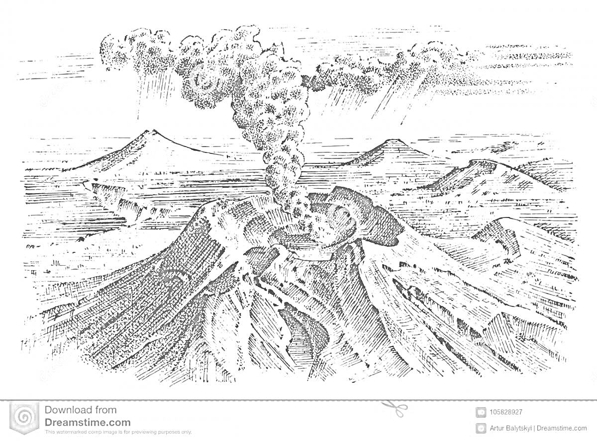На раскраске изображено: Извержение, Вулкан, Дым, Лава, Горы, Природа, Пейзаж